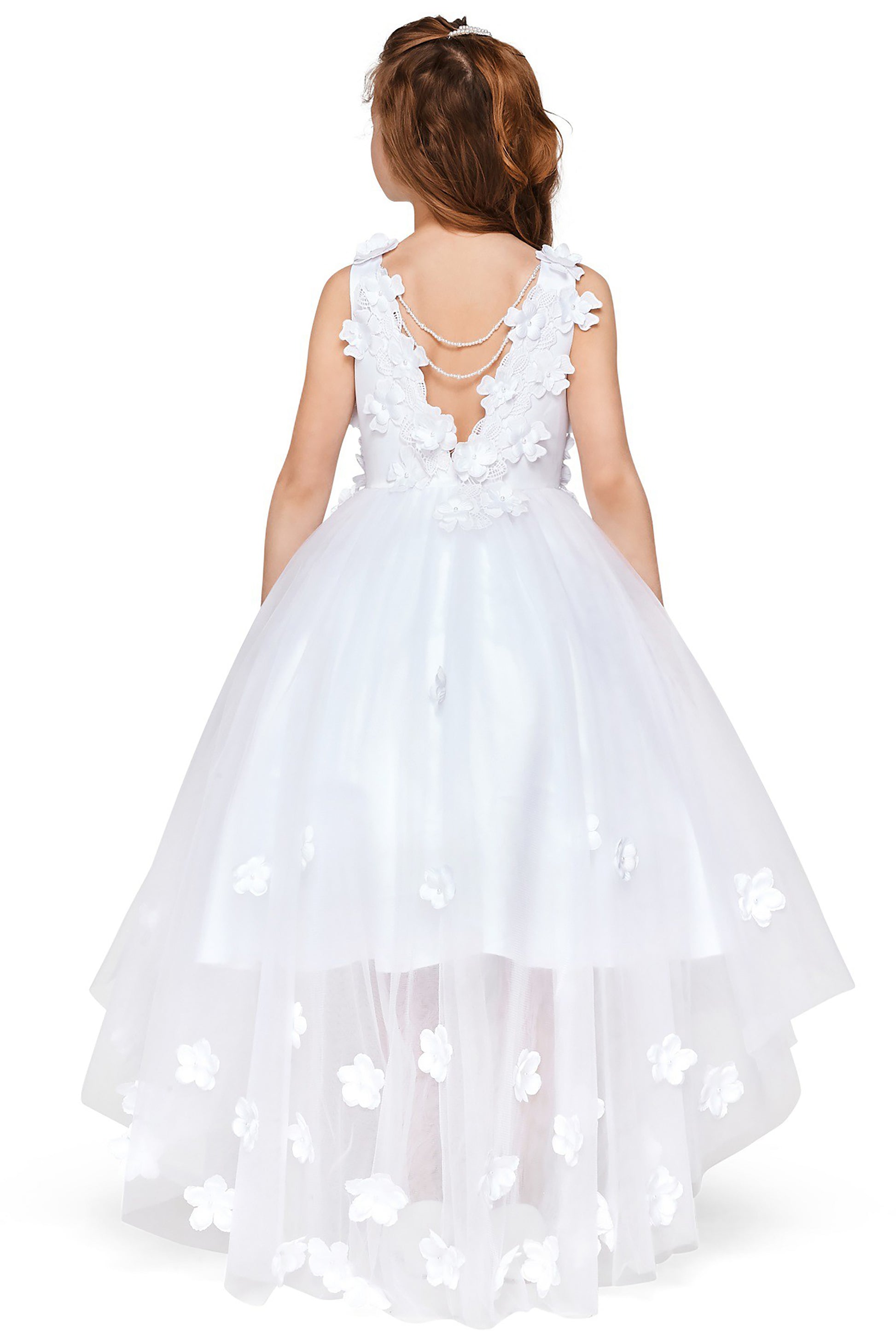 White High-Low Tulle Dress with 3D Flower Lace Top Accentuated with Pearl Trim Flower Girl Dress | Flower Girl Dress - zoomed out back view of girl wearing dress