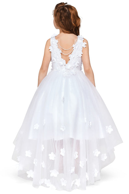 White High-Low Tulle Dress with 3D Flower Lace Top Accentuated with Pearl Trim Flower Girl Dress | Flower Girl Dress - zoomed out back view of girl wearing dress