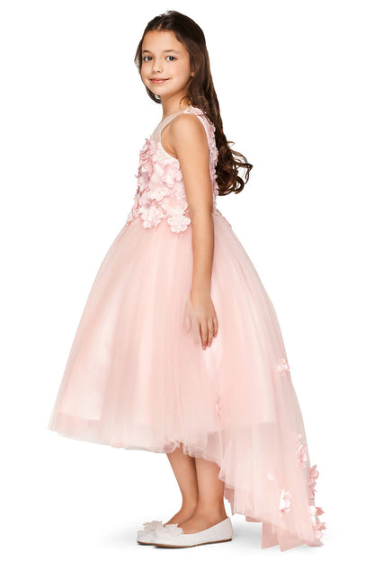 Blush High-Low Tulle Dress with 3D Flower Lace Top Accentuated with Pearl Trim Flower Girl Dress | Flower Girl Dress - side view of girl wearing dress