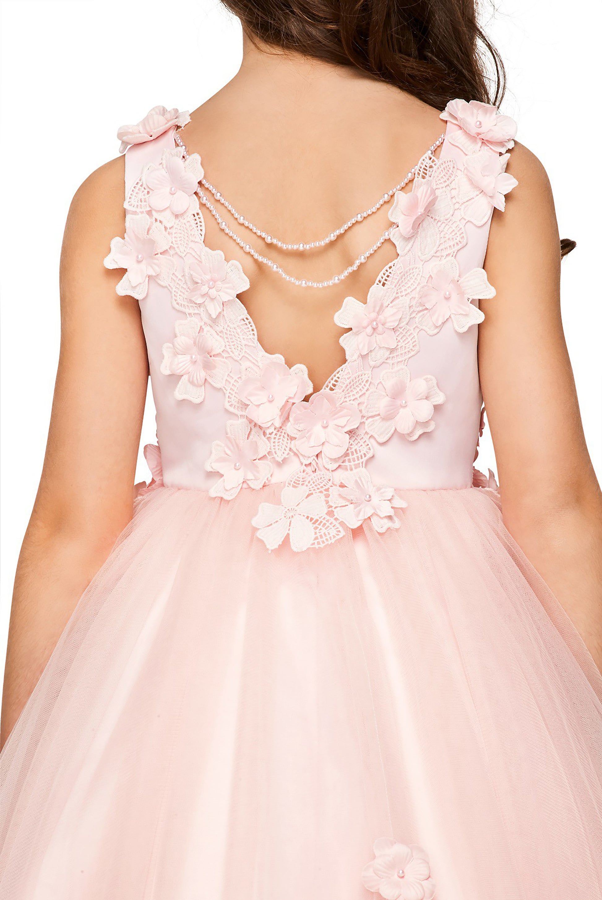 Blush High-Low Tulle Dress with 3D Flower Lace Top Accentuated with Pearl Trim Flower Girl Dress | Flower Girl Dress - zoomed in back view of girl wearing dress