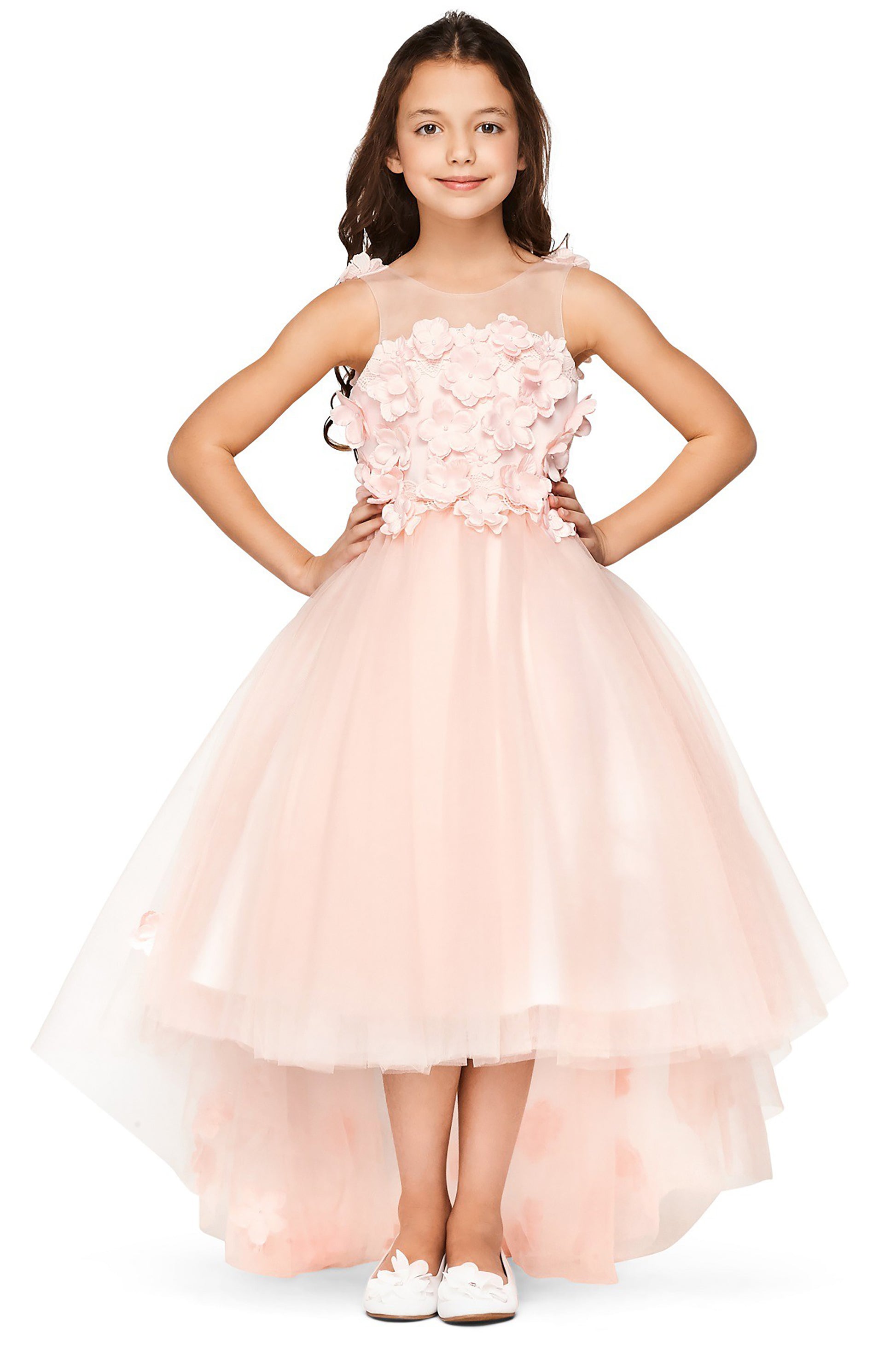 Blush High-Low Tulle Dress with 3D Flower Lace Top Accentuated with Pearl Trim Flower Girl Dress | Flower Girl Dress - front view of girl wearing dress