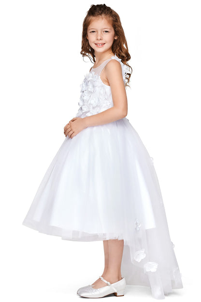 White High-Low Tulle Dress with 3D Flower Lace Top Accentuated with Pearl Trim Flower Girl Dress | Flower Girl Dress - side view of girl wearing dress