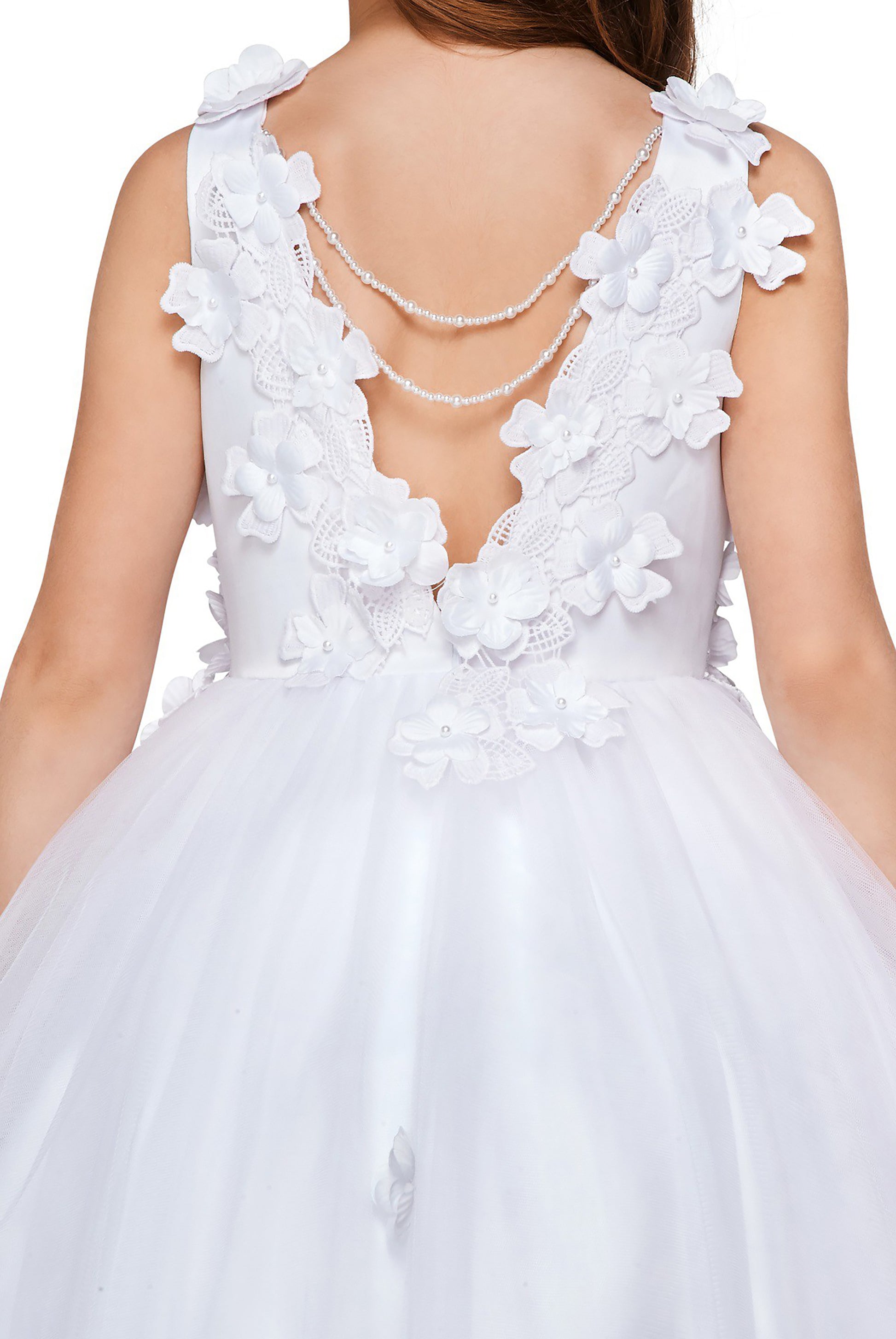 White High-Low Tulle Dress with 3D Flower Lace Top Accentuated with Pearl Trim Flower Girl Dress | Flower Girl Dress - zoomed in back view of girl wearing dress