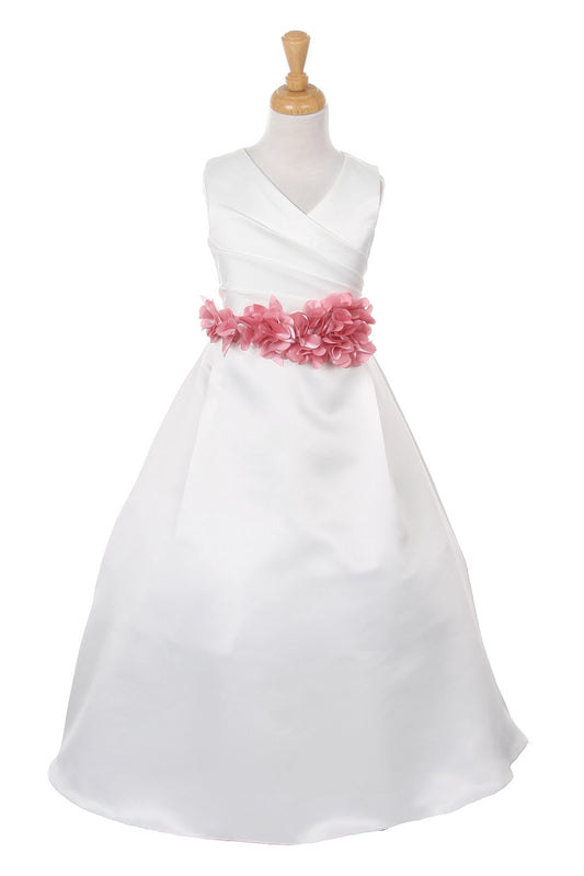 Ivory flower girl dress features crossed V neckline and rose floral sash.