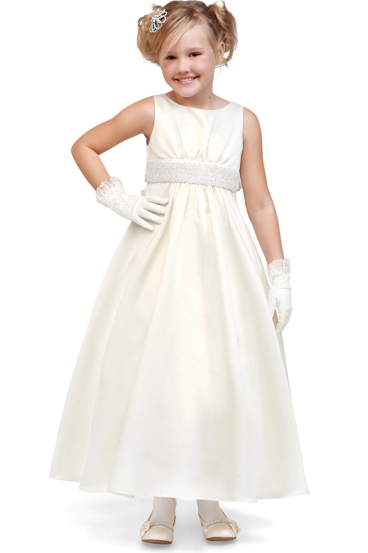 Ivory flower girl dress features beaded waistband over the full satin skirt.