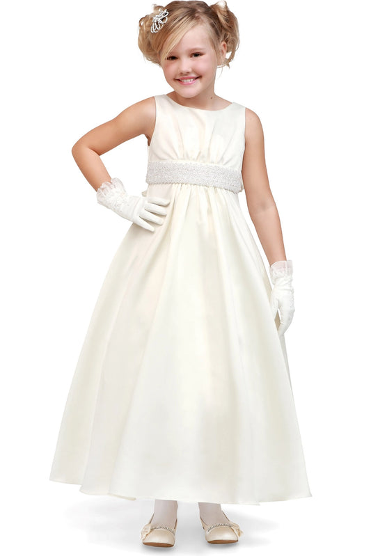 Ivory flower girl dress features beaded waistband over the full satin skirt.