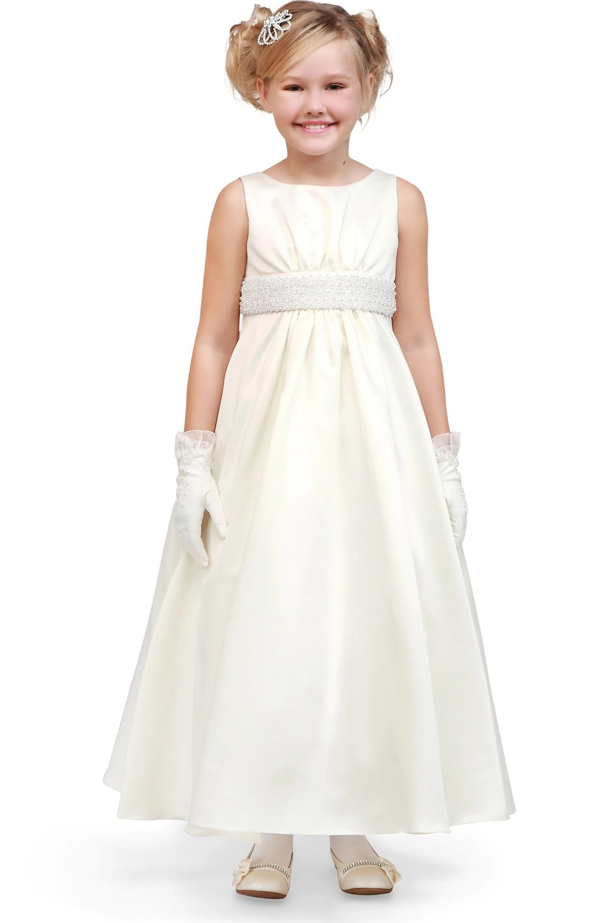 Visible on this Ivory flower girl dress: scoop neckline and gathered satin skirt.