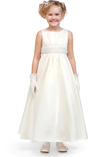 Visible on this Ivory flower girl dress: scoop neckline and gathered satin skirt.