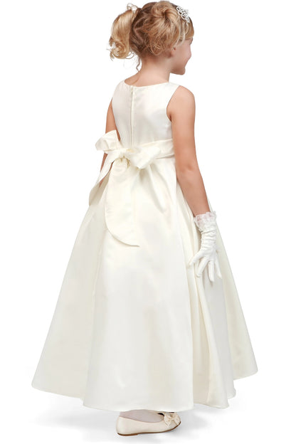 A Ivory flower girl dress showing back sash bow and center zipper.