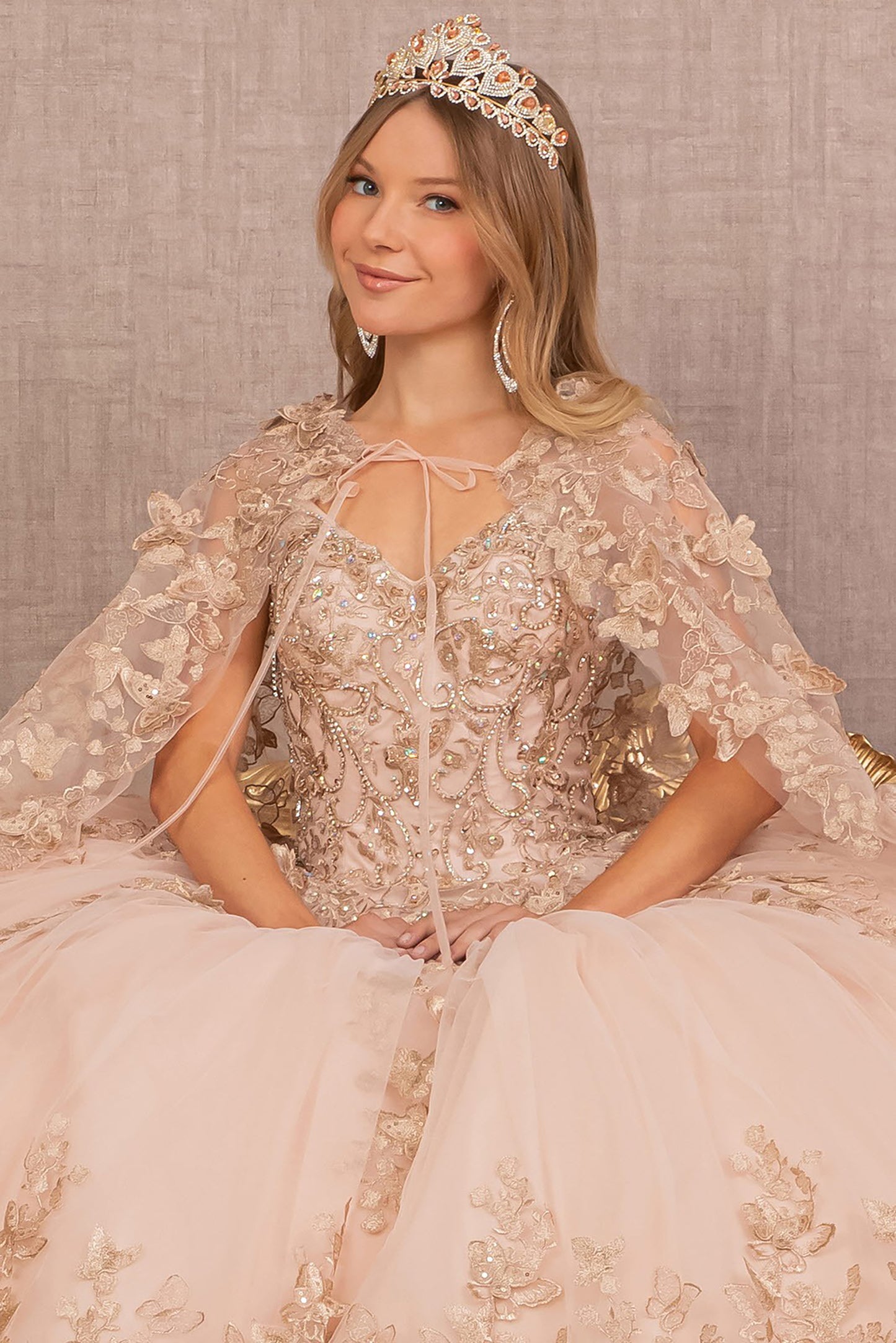 Quinceañera | Rose Gold Champagne Jewel Mesh 3D Butterfly Appliqués Quince Dress with Long Mesh Cape | Paloma dress front zoom