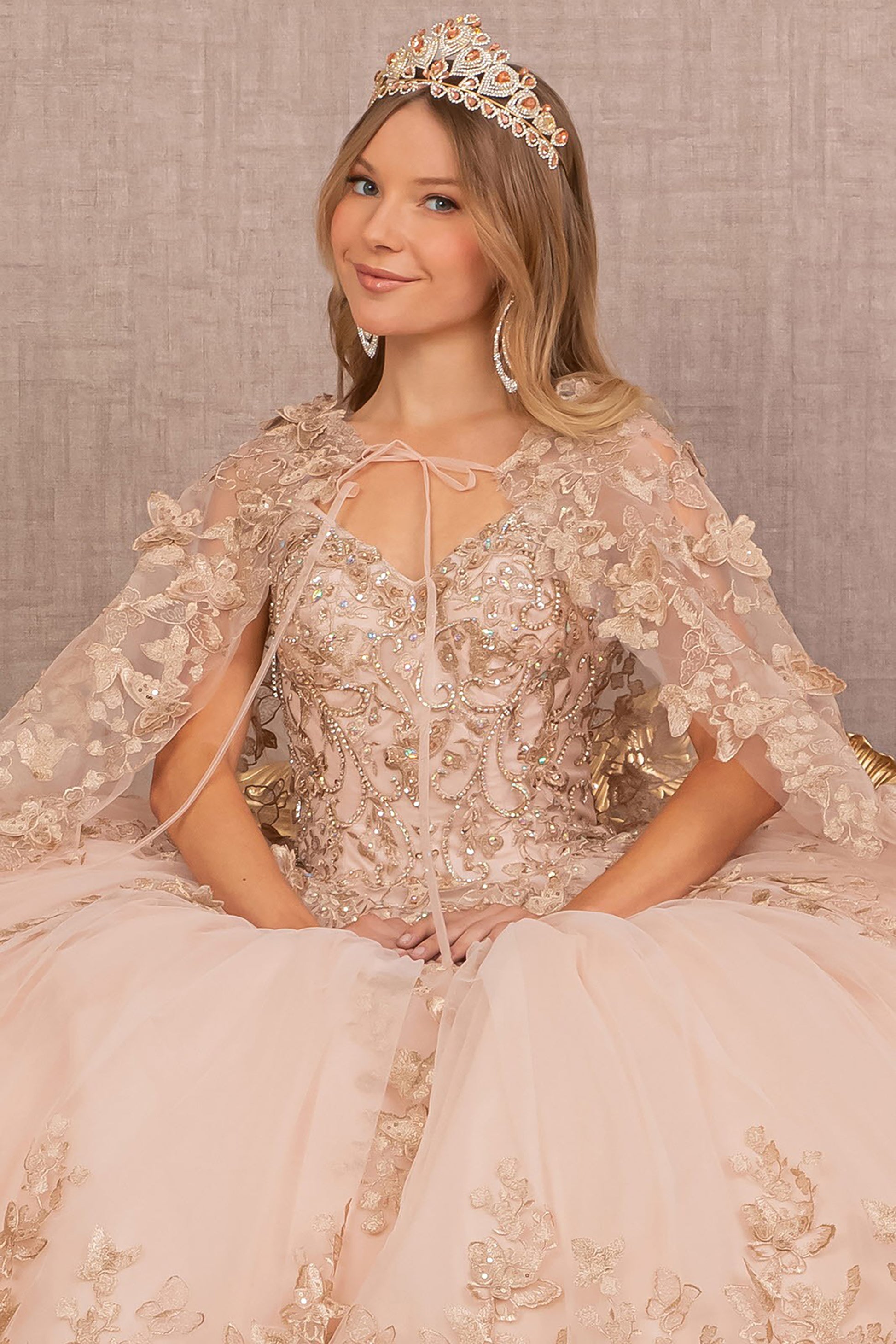 Quinceañera | Rose Gold Champagne Jewel Mesh 3D Butterfly Appliqués Quince Dress with Long Mesh Cape | Paloma dress front zoom