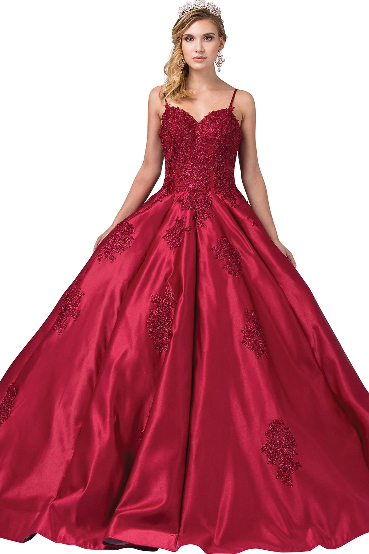Featuring a floor-length skirt, this Burgundy quinceañera ball gown is shown in full view.