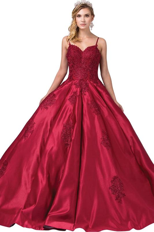 Featuring a floor-length skirt, this Burgundy quinceañera ball gown is shown in full view.