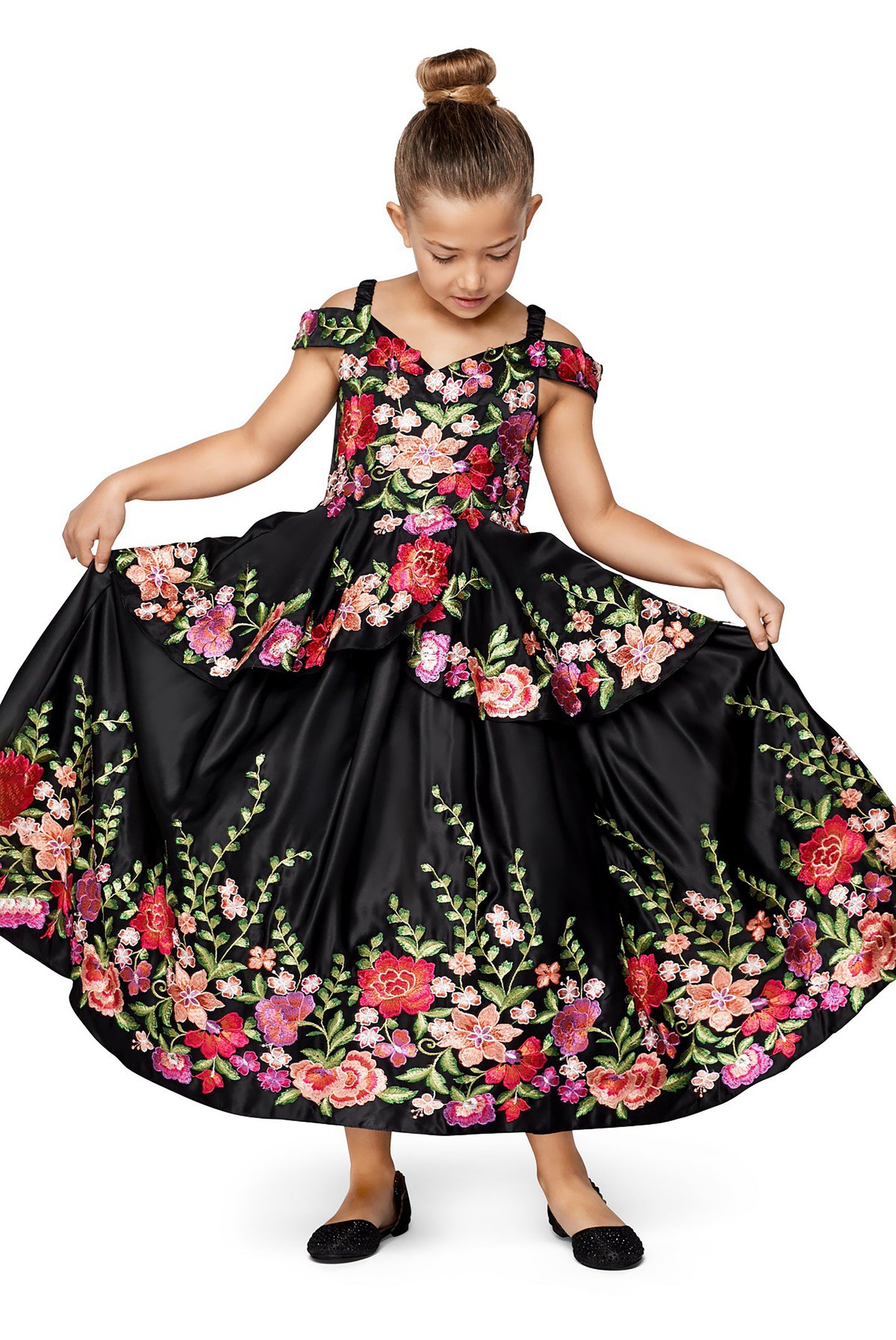 Folklorico Off-Shoulder Embroidered Black Satin Kid Dress - girl wearing dress holding skirt