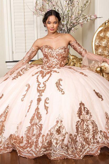 Quinceañera | Champagne Sequin Embellished Glitter Mesh Sweet 15 Ball Gown with Detached Mesh Sleeves | Plus Size Available | Nina dress | 4 Colors Available sitting pose