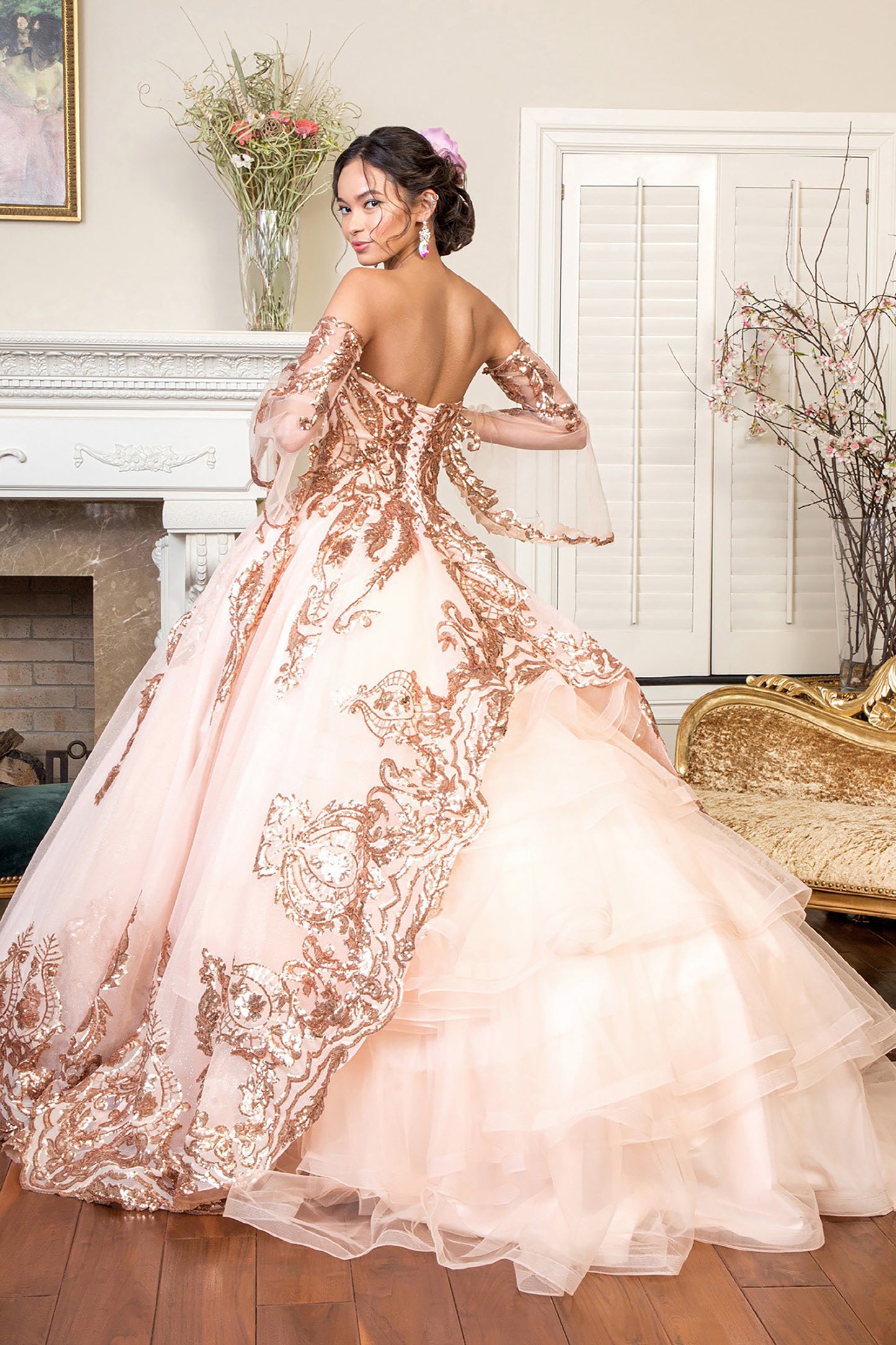 Quinceañera | Champagne Sequin Embellished Glitter Mesh Sweet 15 Ball Gown with Detached Mesh Sleeves | Plus Size Available | Nina dress | 4 Colors Available back view