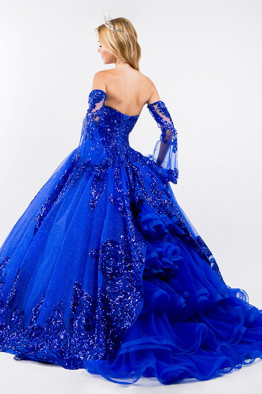 Quinceañera | Royal Blue Sequin Embellished Glitter Mesh Sweet 15 Ball Gown with Detached Mesh Sleeves | Plus Size Available | Nina dress | 4 Colors Available whole back view