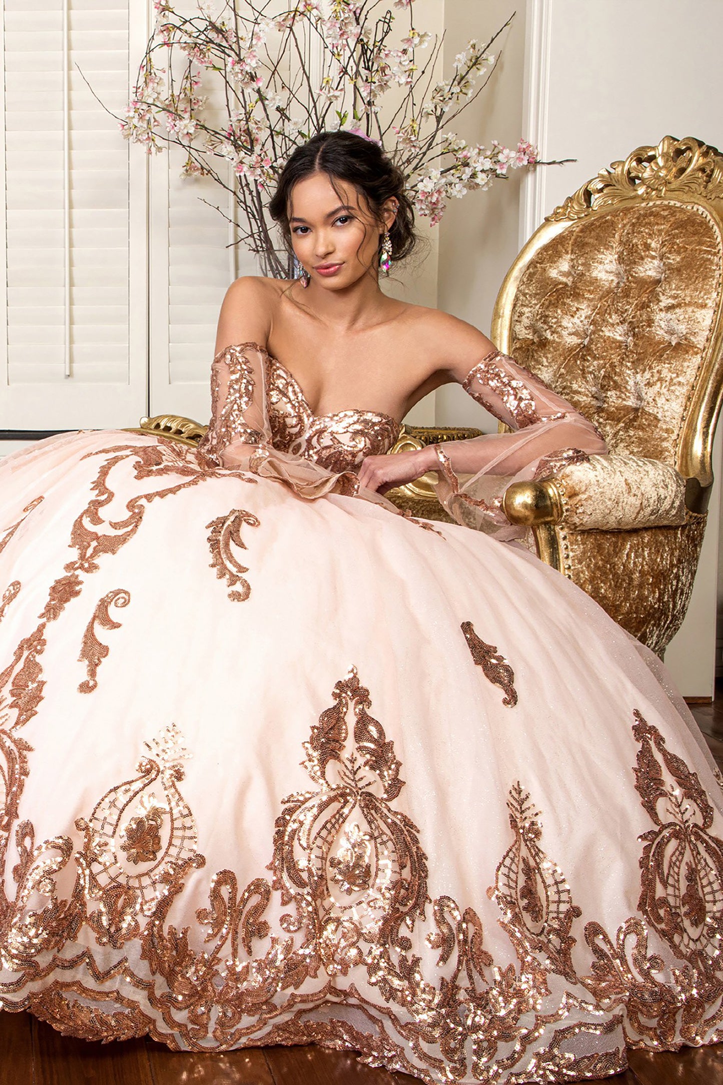Quinceañera | Champagne Sequin Embellished Glitter Mesh Sweet 15 Ball Gown with Detached Mesh Sleeves | Plus Size Available | Nina dress | 4 Colors Available front view