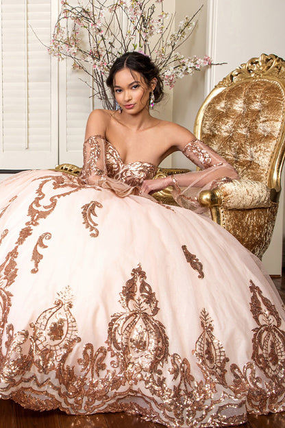 Quinceañera | Champagne Sequin Embellished Glitter Mesh Sweet 15 Ball Gown with Detached Mesh Sleeves | Plus Size Available | Nina dress | 4 Colors Available front view