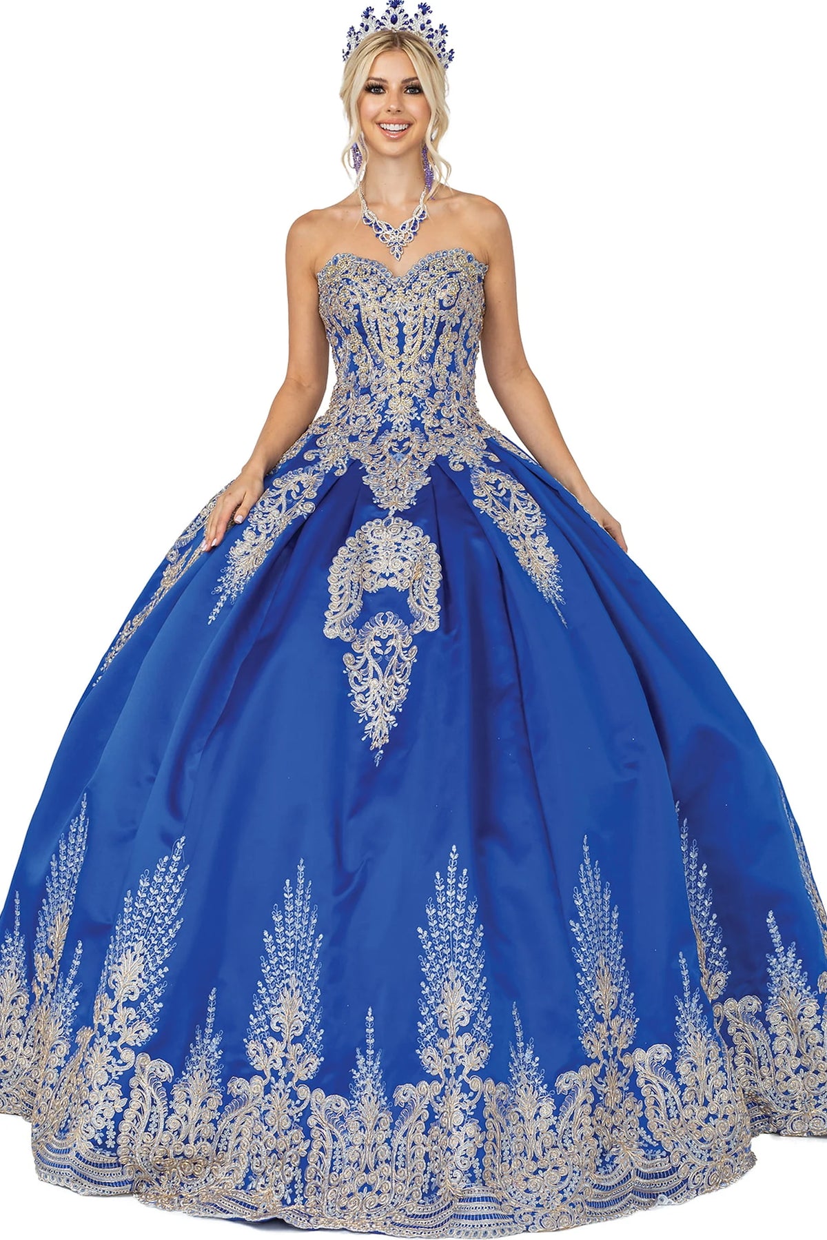 Featuring a floor-length skirt, this Royal Blue quinceañera ball gown is shown in full view.