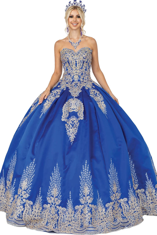 Featuring a floor-length skirt, this Royal Blue quinceañera ball gown is shown in full view.