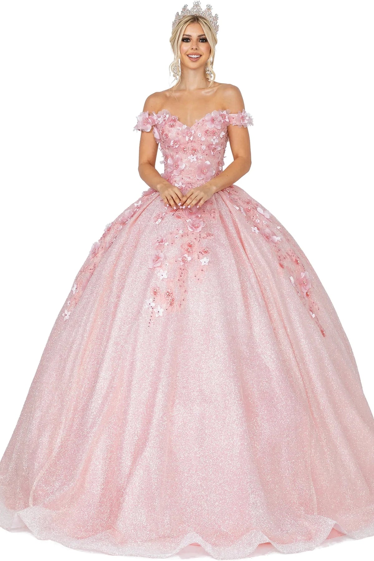Front view of a Blush quinceañera gown with off-the-shoulder neckline and beaded bodice
