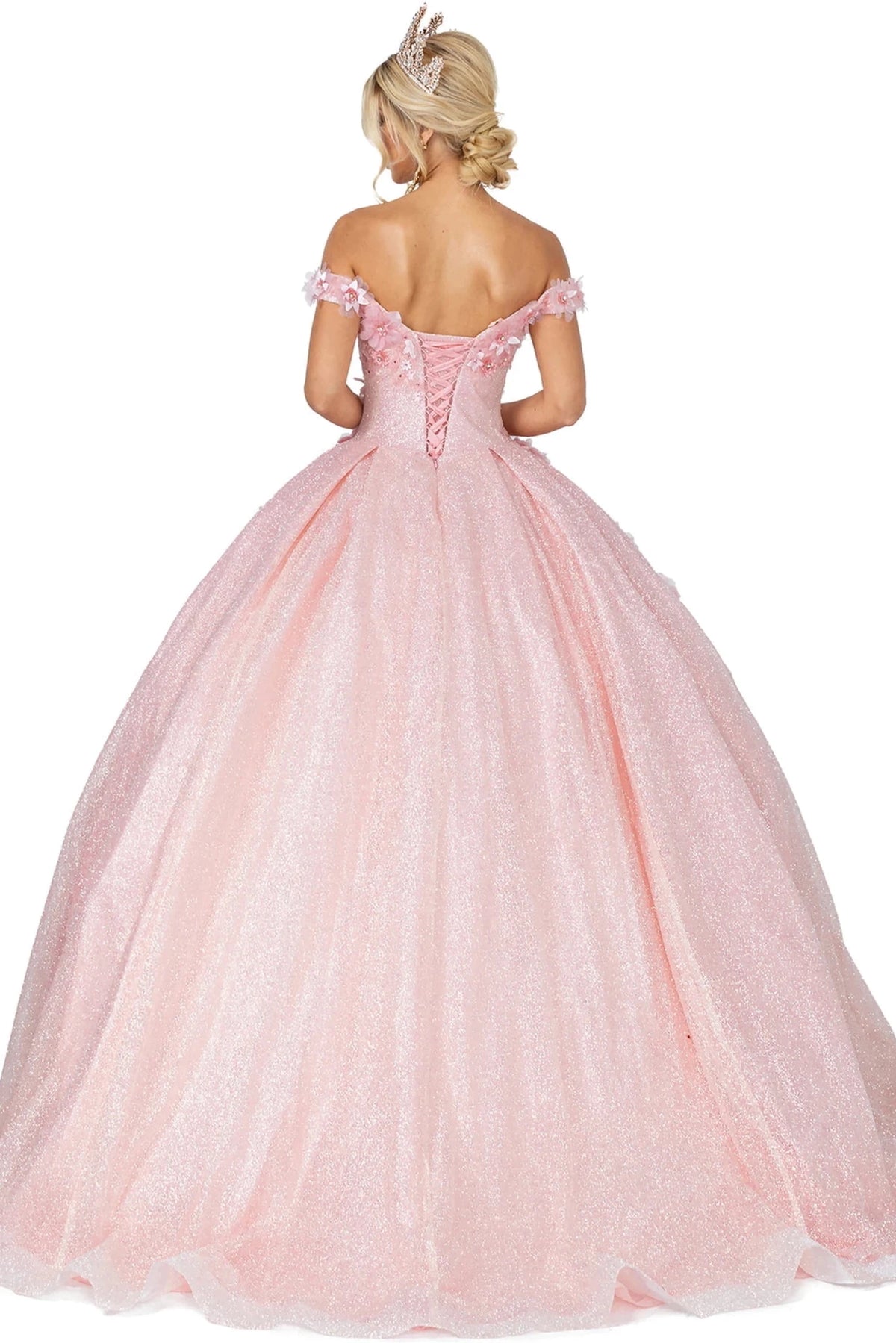 Rear view of a Blush quinceañera gown showing lace-up back