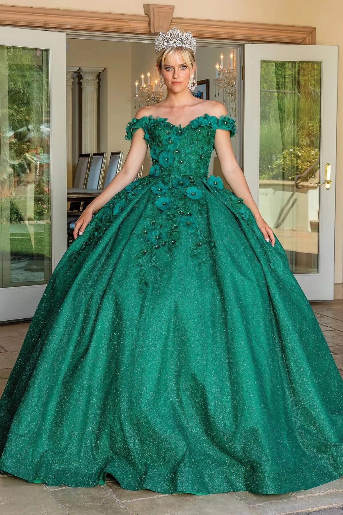 Front view of a Hunter Green quinceañera gown with off-the-shoulder neckline and beaded bodice