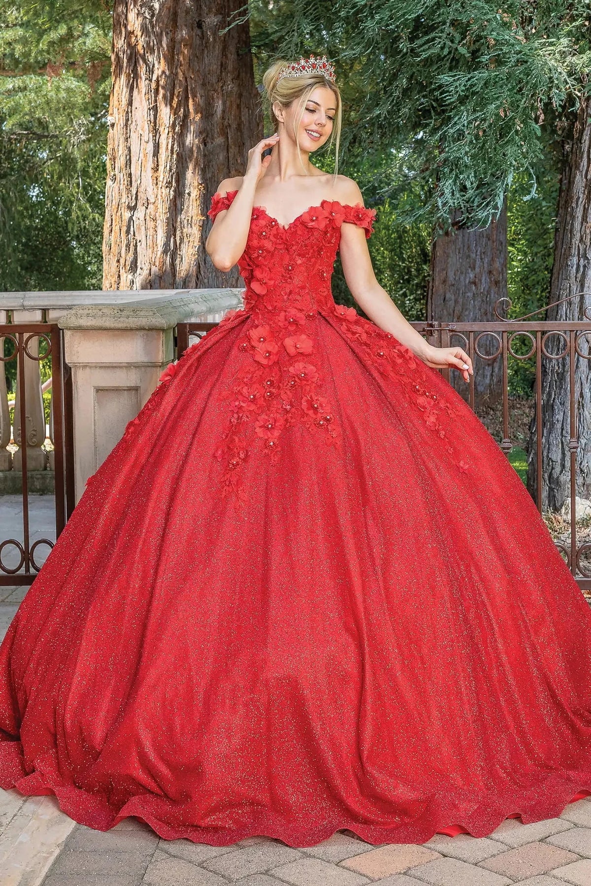 Front view of a Red quinceañera gown with off-the-shoulder neckline and beaded bodice