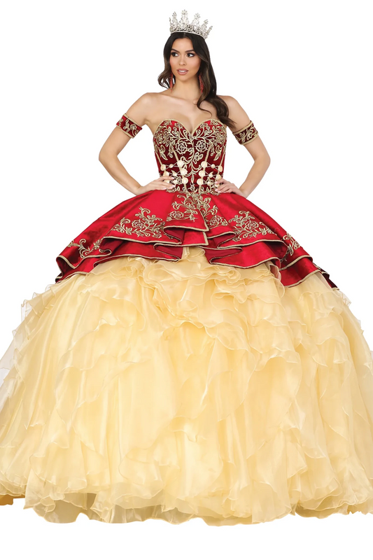 burgundy quinceanera charro dress with beige ruffles
