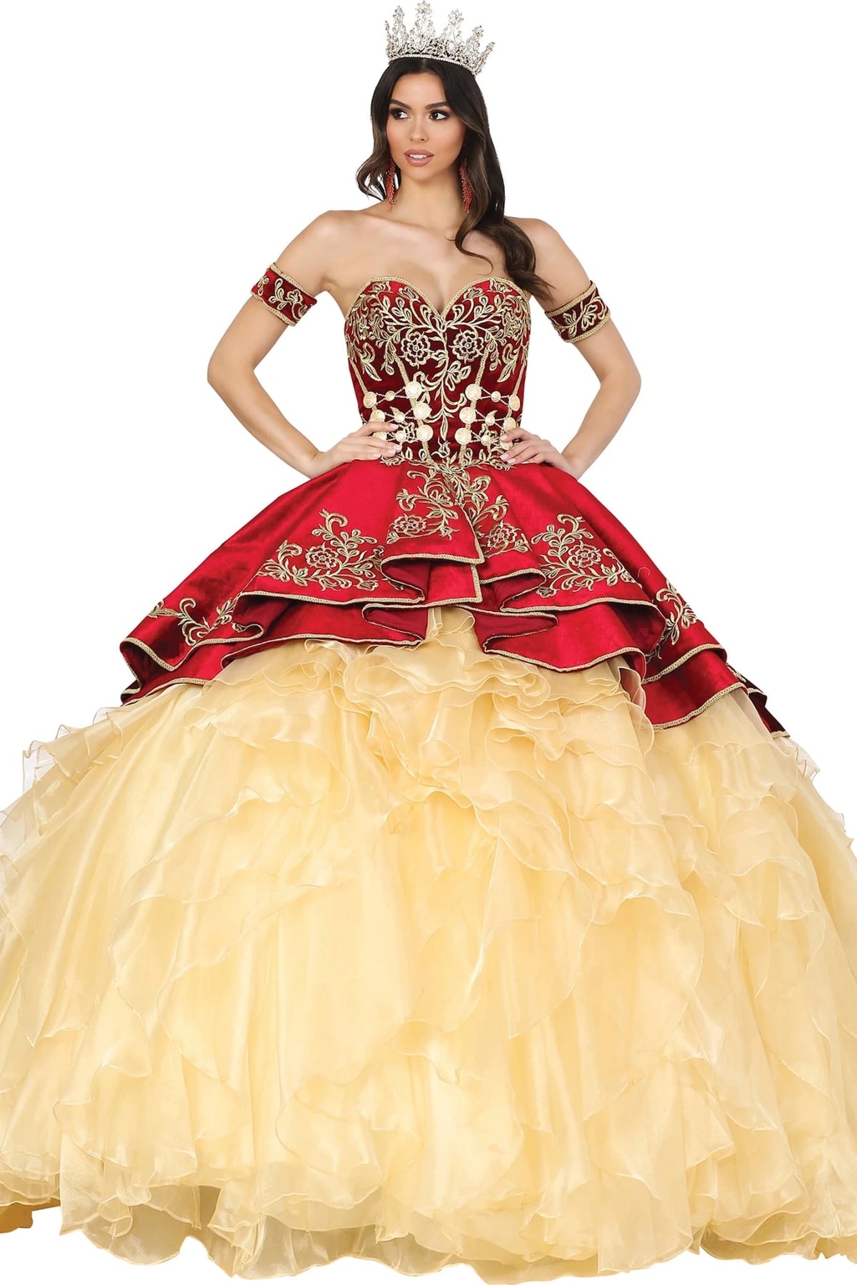 Front view of a Burgundy quinceañera gown with off-the-shoulder neckline, embroidered corset bodice, and layered tulle skirt