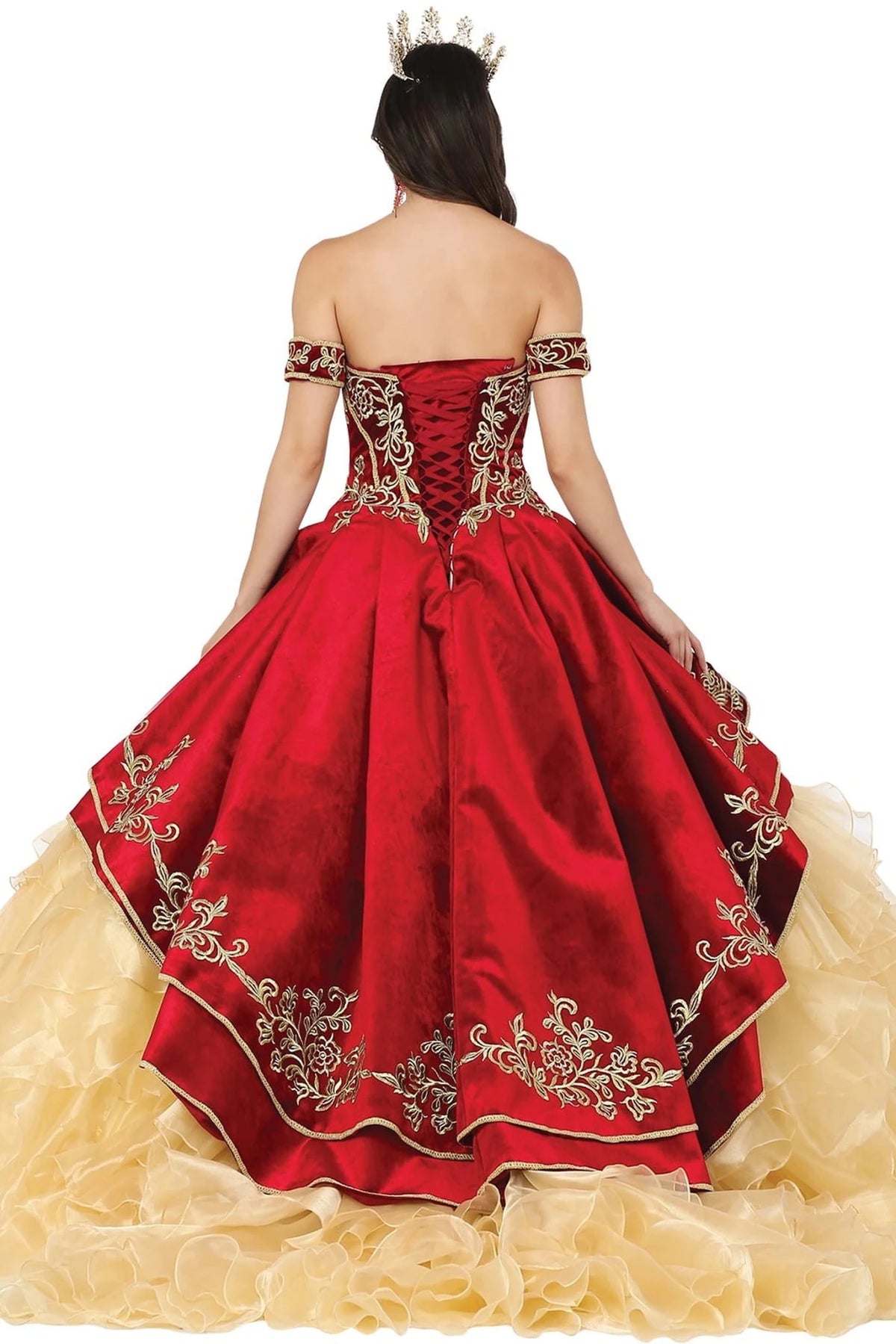 Back view of a Burgundy quinceañera gown showing lace-up back and layered tulle skirt