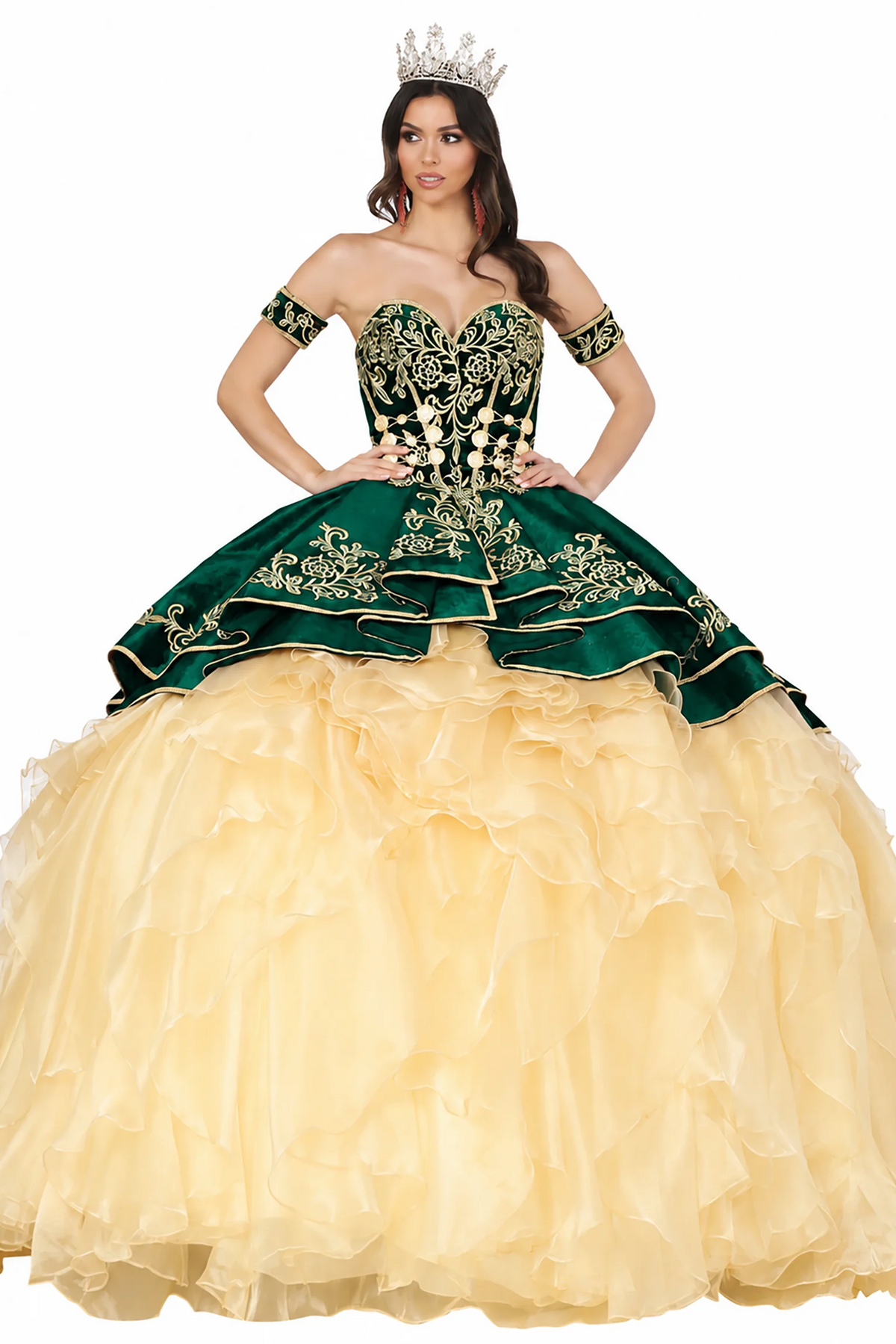 Hunter Green gold embroidered quinceanera dress, full front view