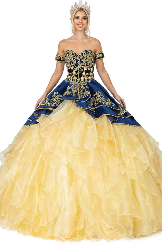 Front view of a Navy quinceañera gown with off-the-shoulder neckline, embroidered corset bodice, and layered tulle skirt