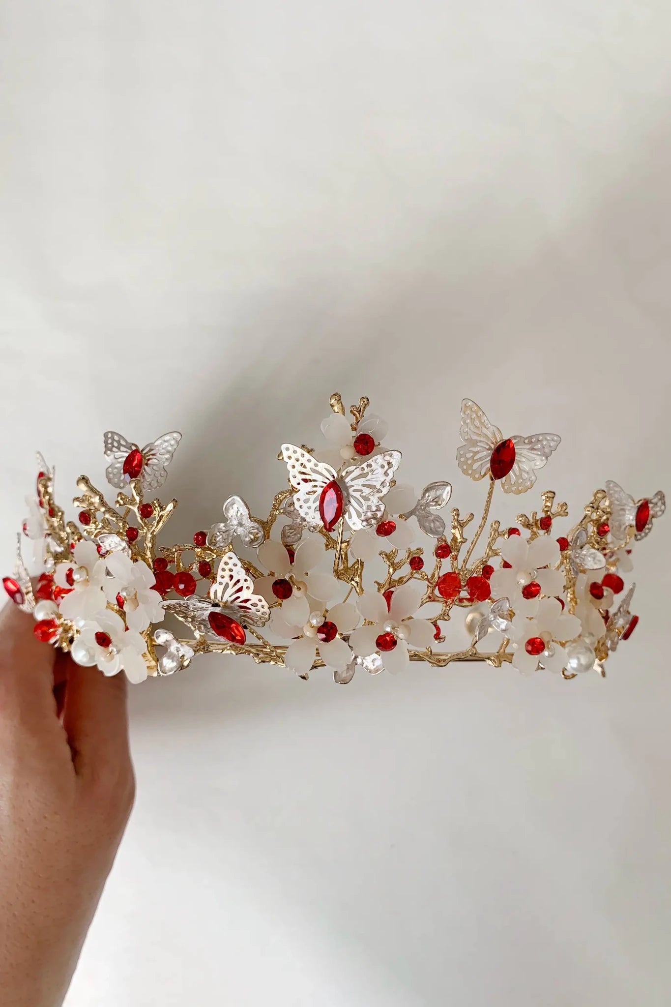 Red gold butterfly floral quinceañera tiara.