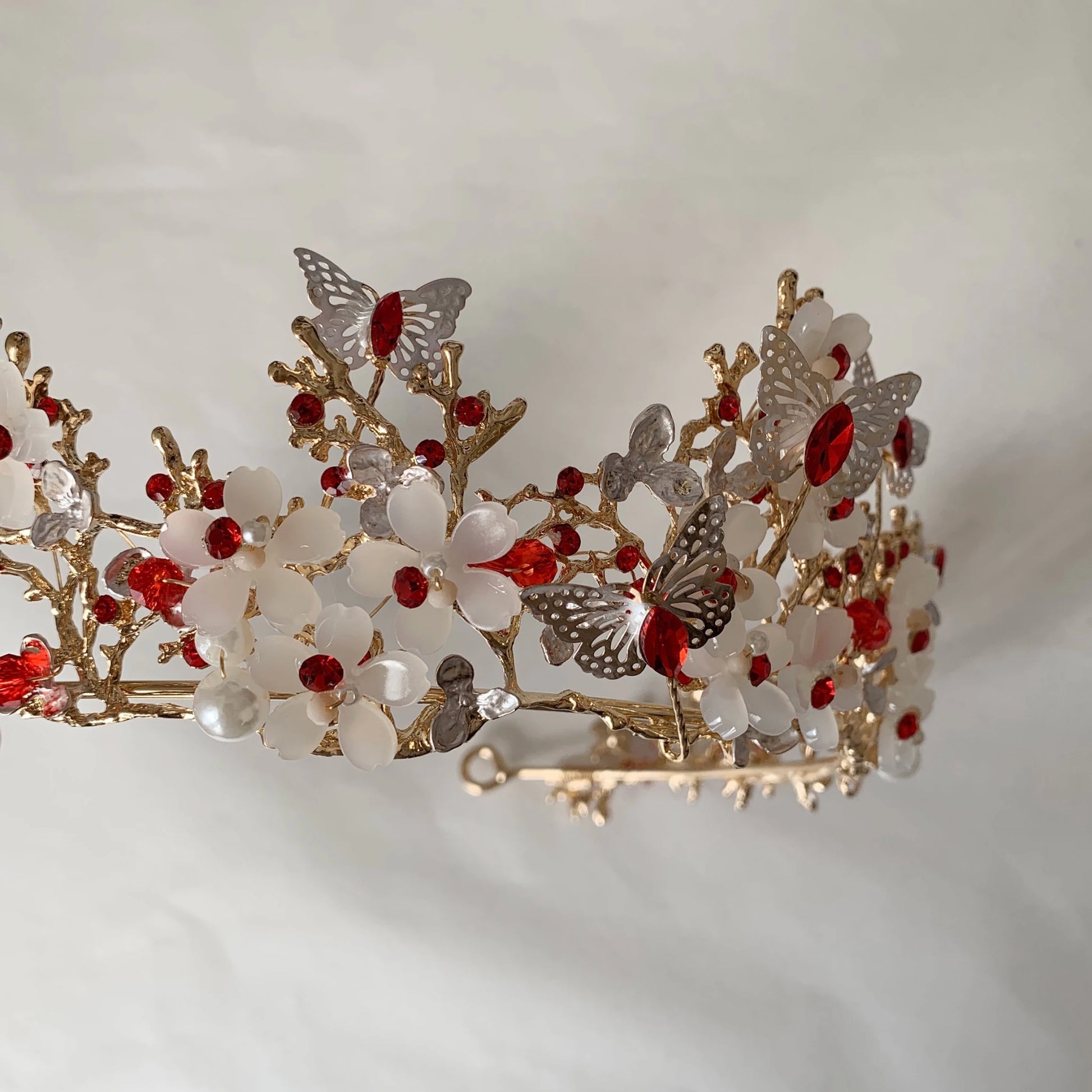 Red gold butterfly floral quinceañera tiara.