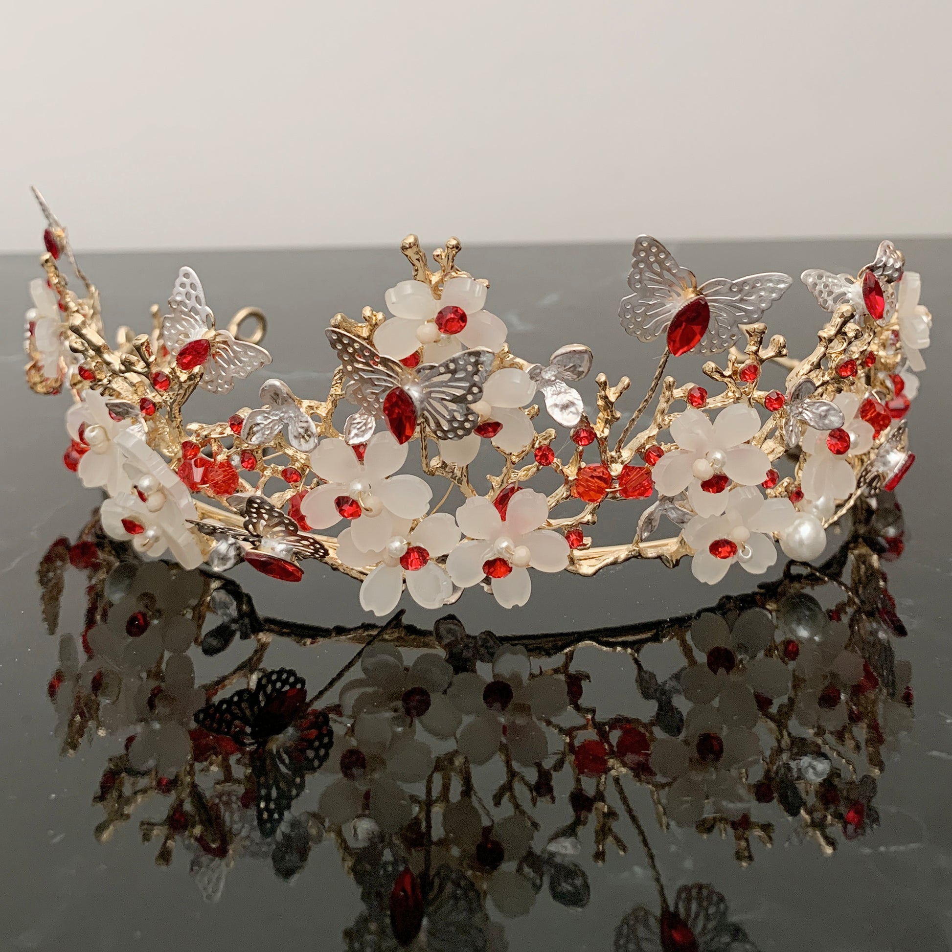 Red gold butterfly floral quinceañera tiara.