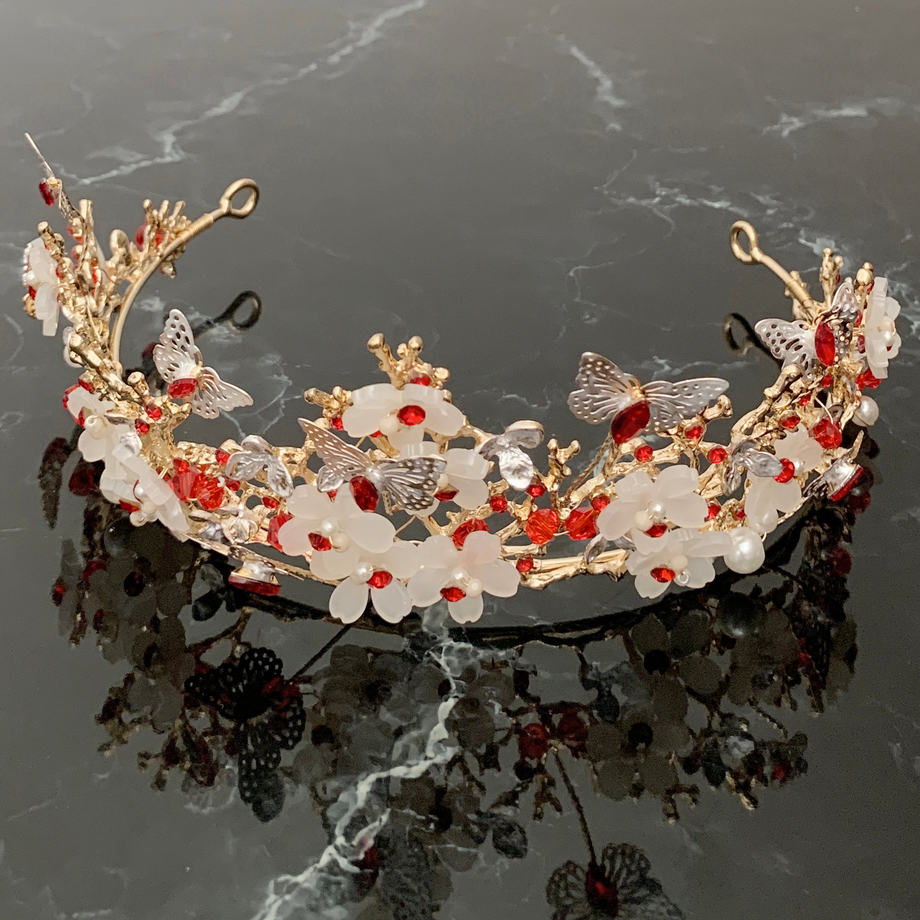 Red gold butterfly floral quinceañera tiara, front view.