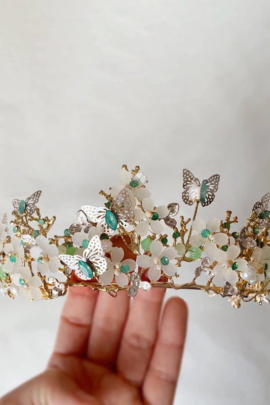 Sage gold butterfly floral quinceañera tiara.