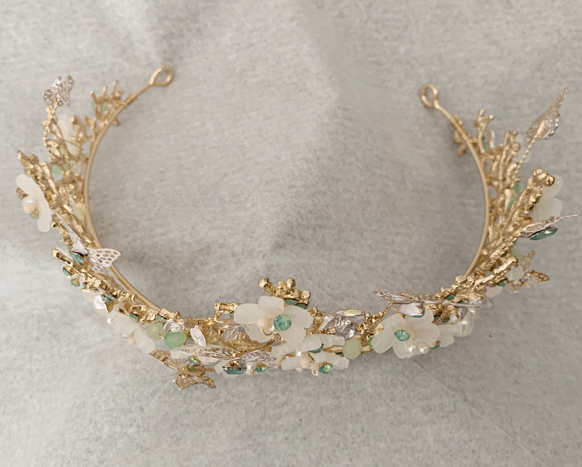 Sage gold butterfly floral quinceañera tiara, top view.