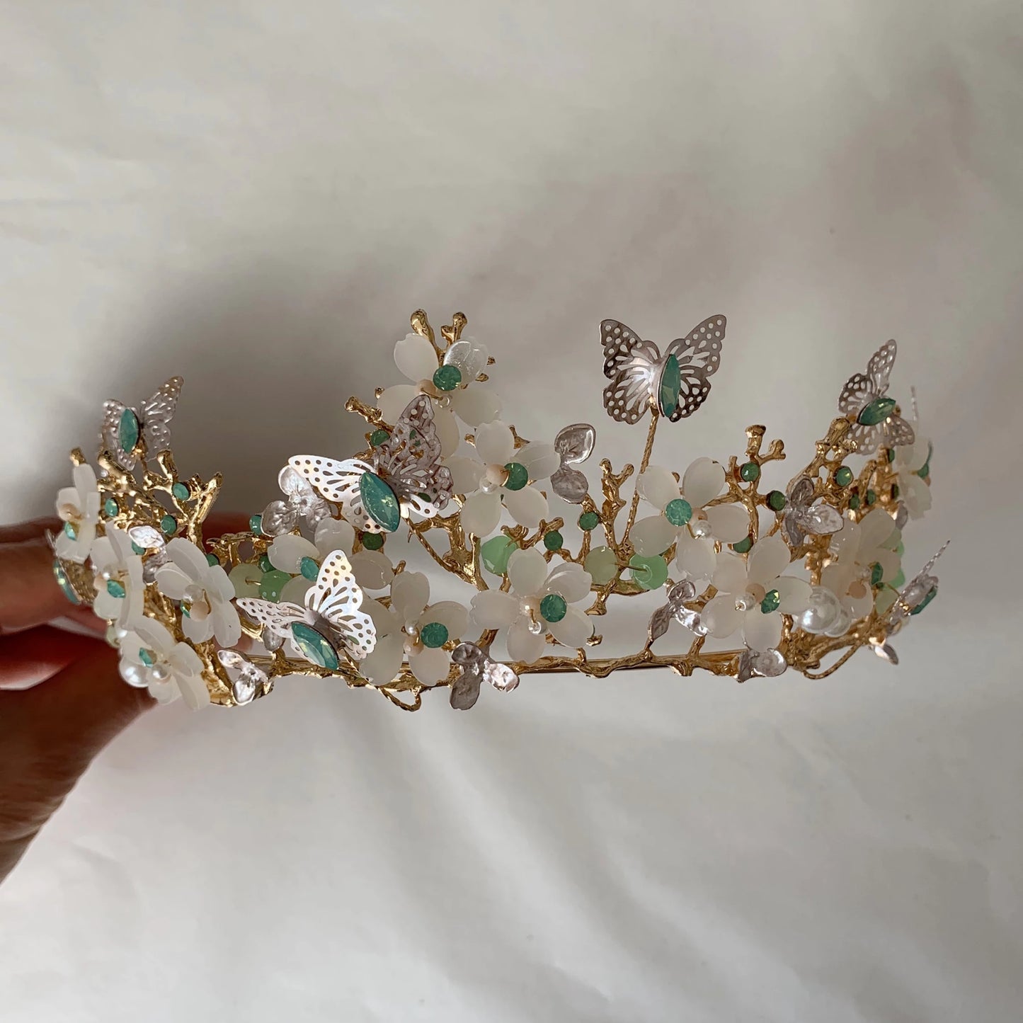 Sage gold butterfly floral quinceañera tiara.