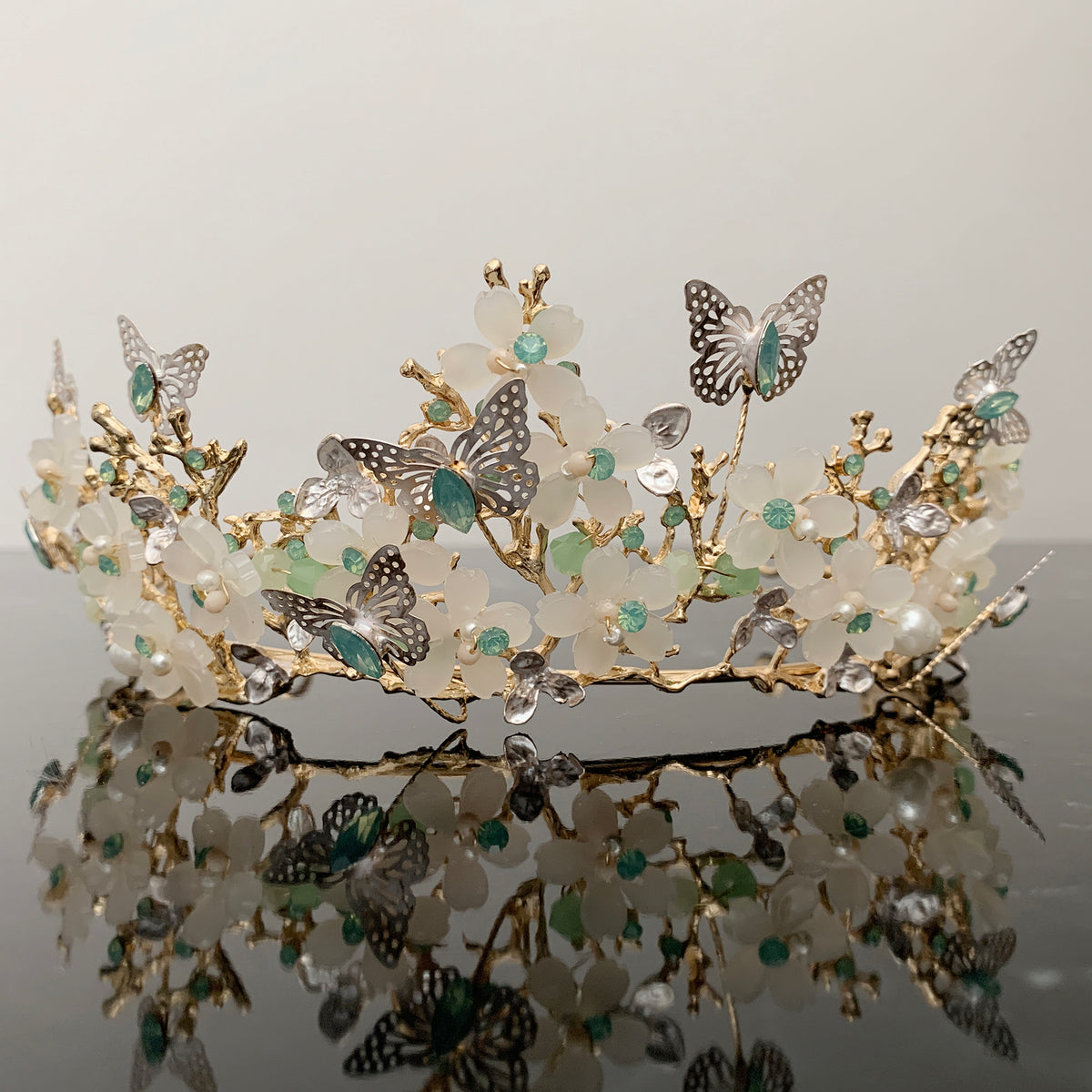 Sage gold butterfly floral quinceañera tiara.