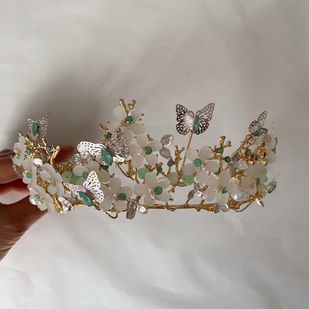 Sage gold butterfly floral quinceañera tiara.