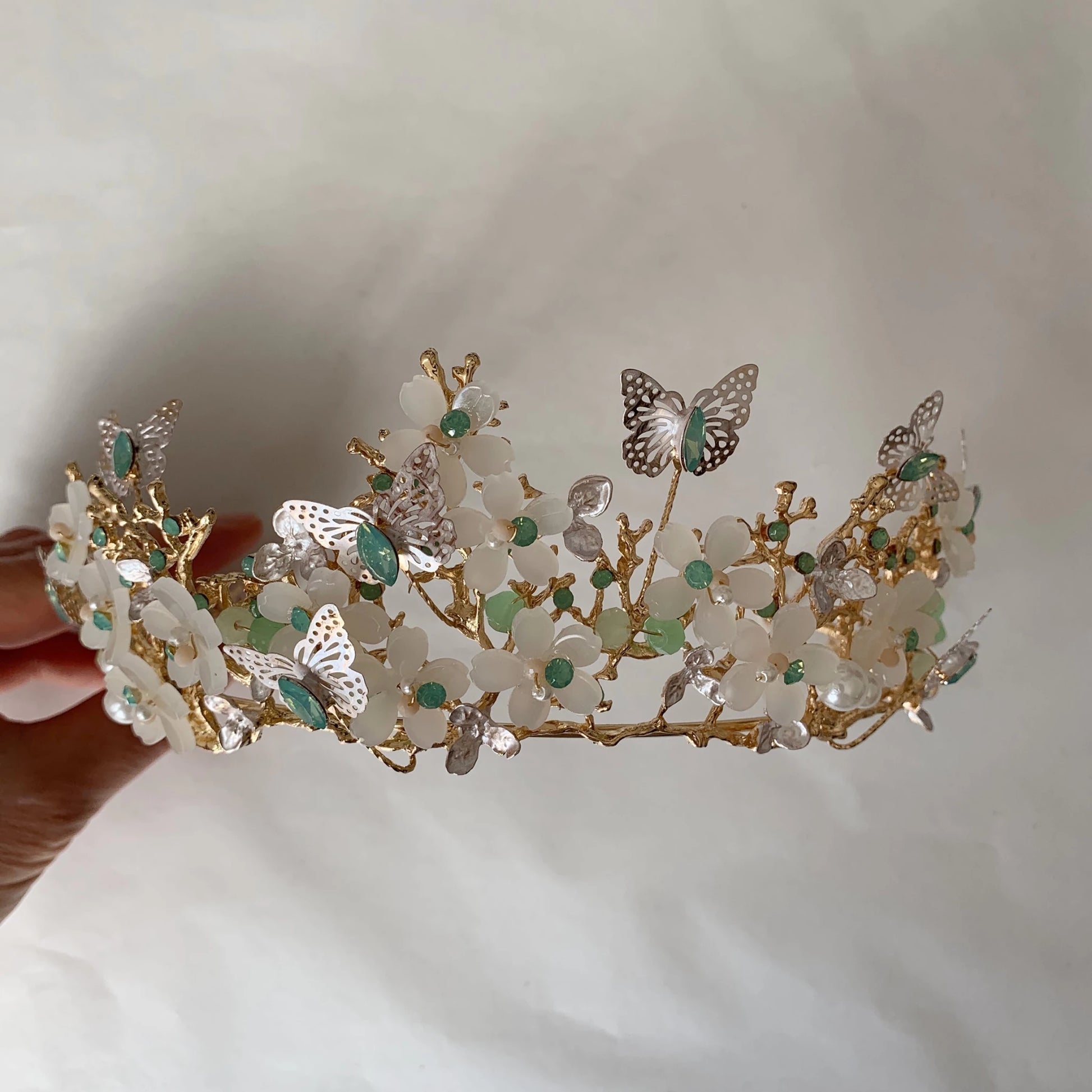 Sage gold butterfly floral quinceañera tiara.