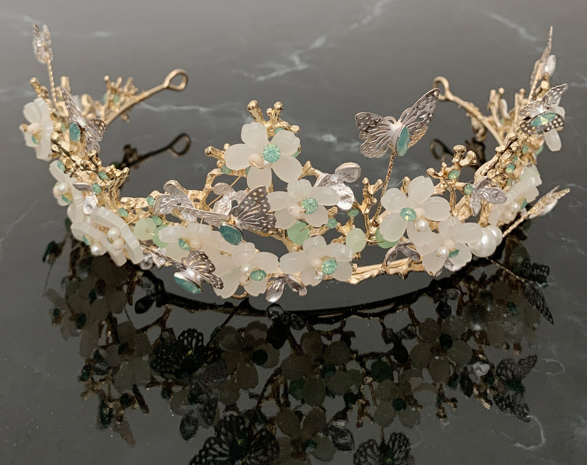 Sage gold butterfly floral quinceañera tiara, close-up view.
