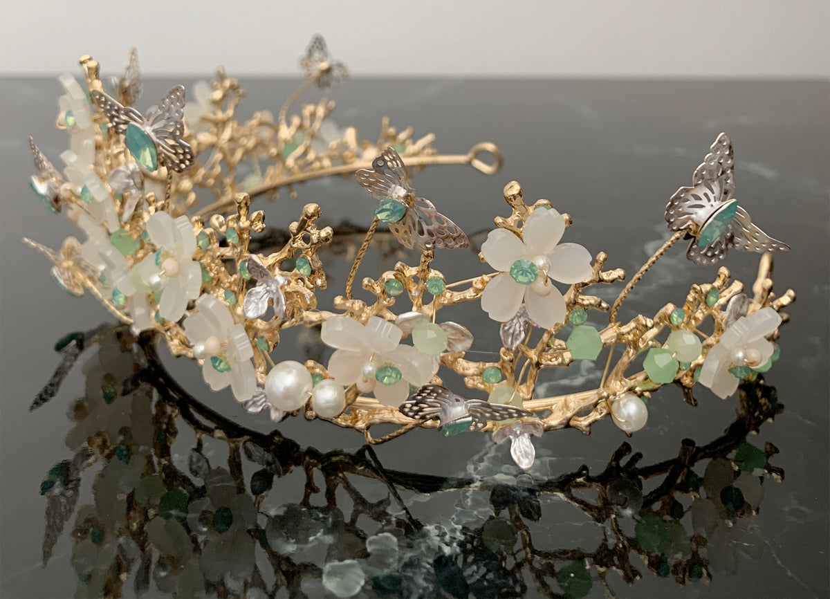 Sage gold butterfly floral quinceañera tiara, side view.