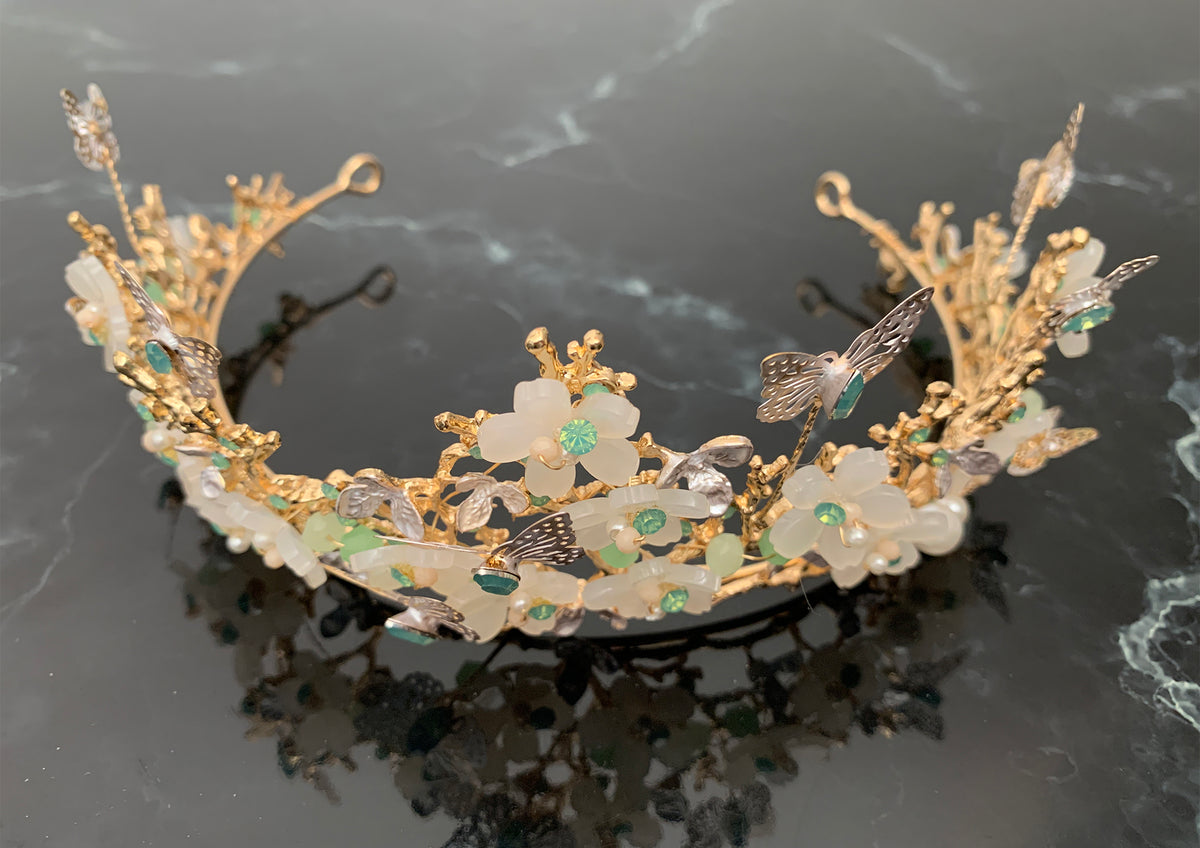 Sage gold butterfly floral quinceañera tiara, front view.