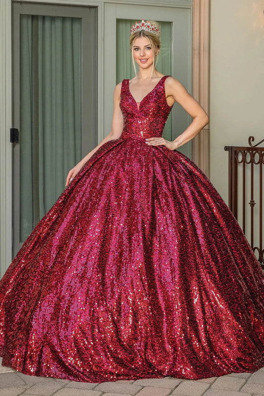 Featuring a floor-length skirt, this Burgundy quinceañera ball gown is shown in full view.