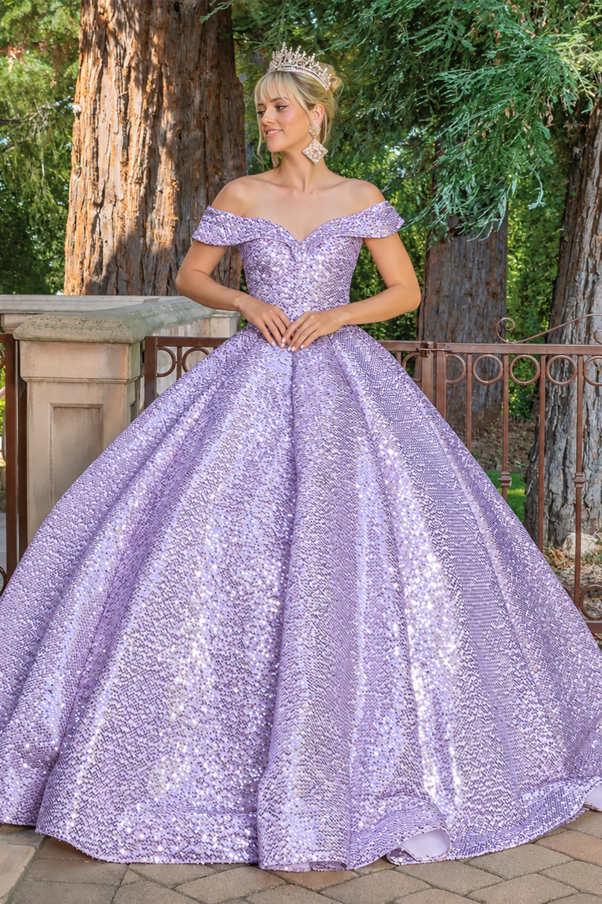 Lilac sequined quinceanera dress, full front view