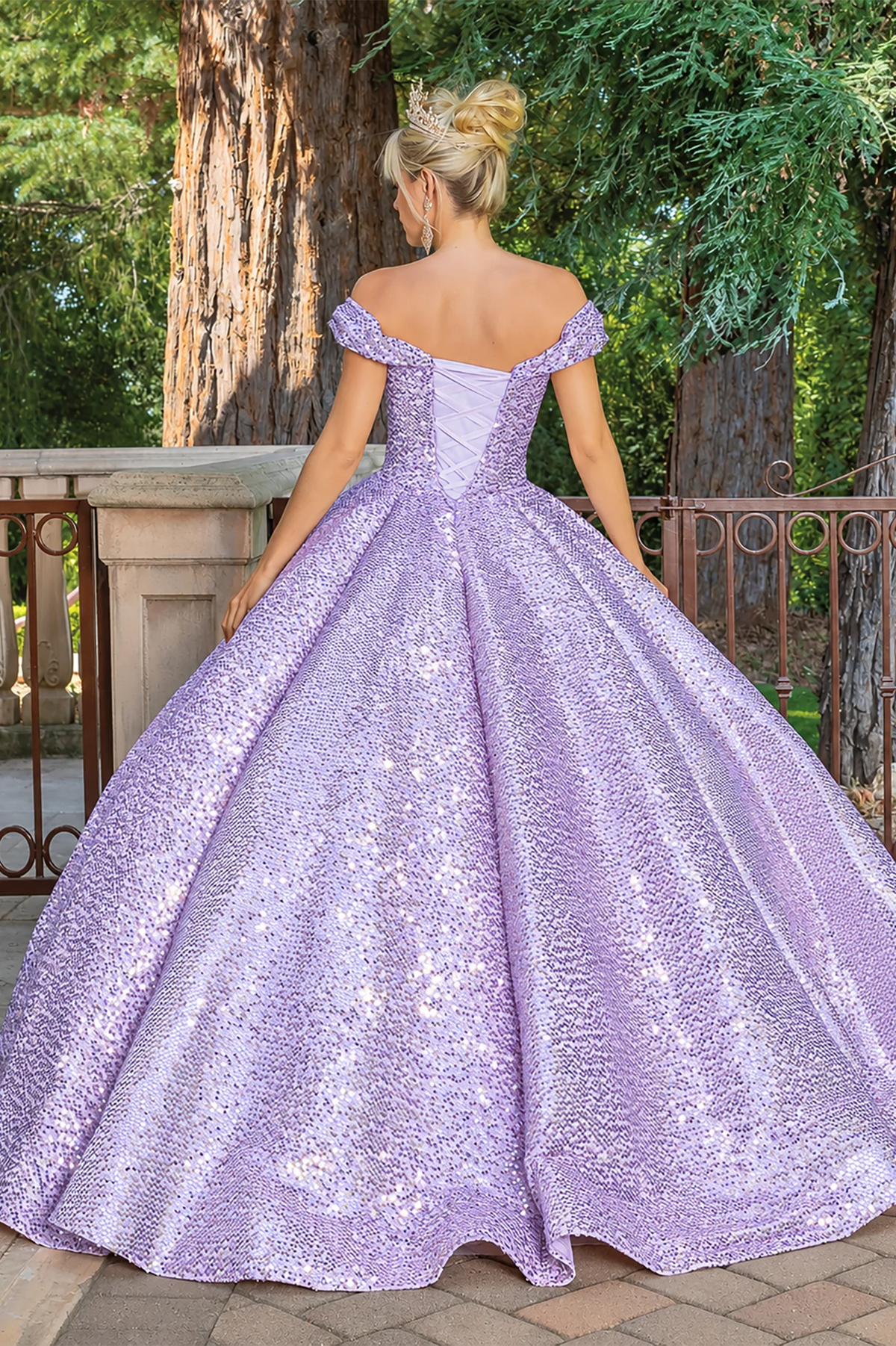 Lilac sequined quinceanera dress, back view with lace-up closure
